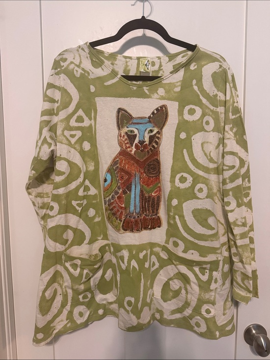 Hand Painted Tops - Epic Kawaii Artisan Hand Painted Cat Print Tunic in Olive & White with Pockets